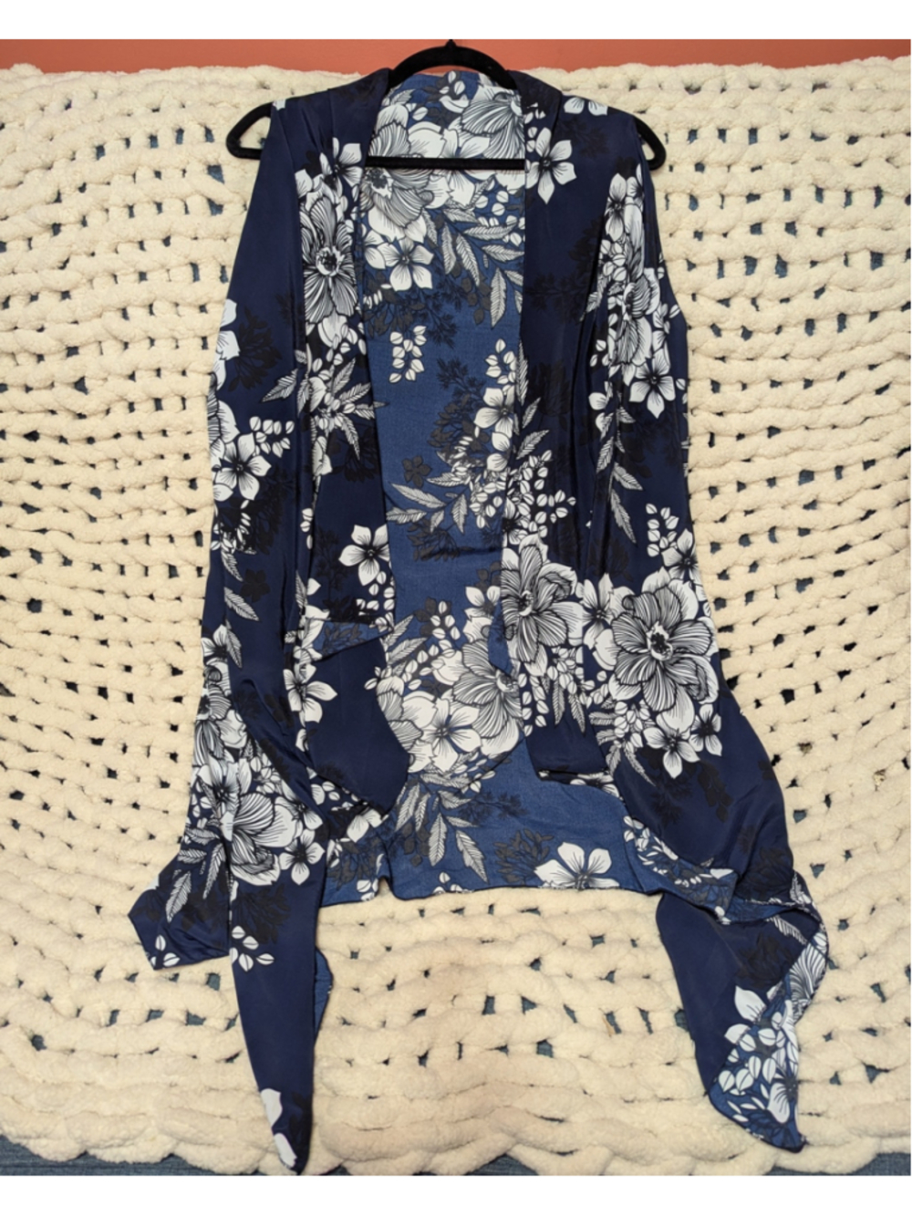 Blue Floral Open Front Waterfall Cardigan Kimono Drape Jacket One Size S M